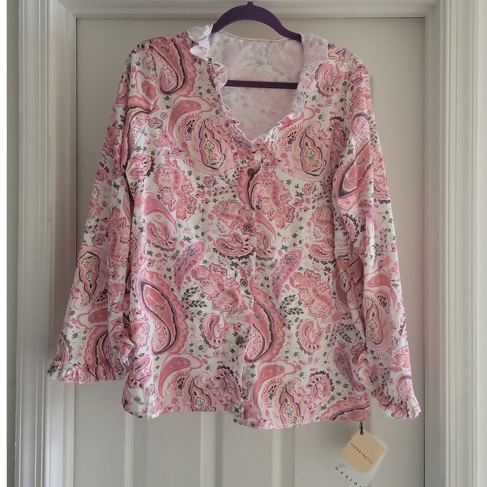 Cherrybetty Pink Paisley Ruffle V-Neck Button Front Blouse XL NEW